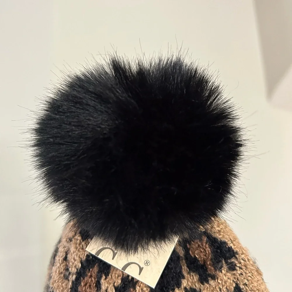 C.C Kids Tan Leopard Beanie with Black Pom Gift Ready